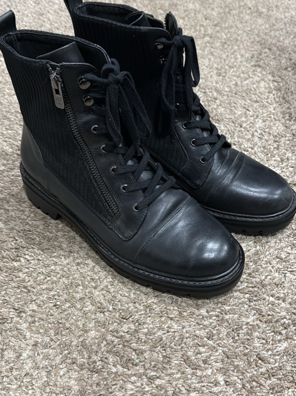 ANTONIO MELANI Black Leather Lace-Up Combat Boots with Side Zipper